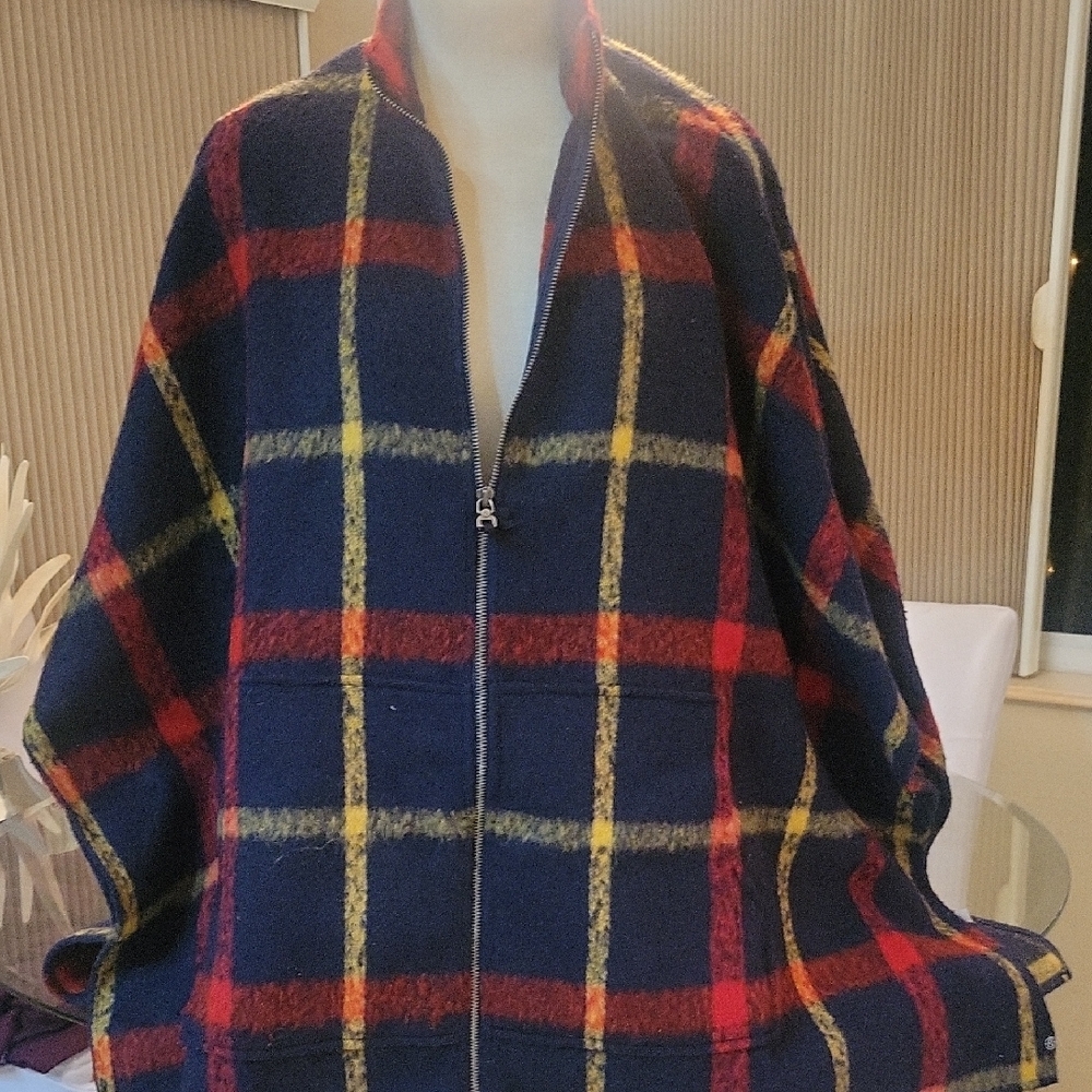 Treasure & Bond Plaid Cape - Navy, Red, Yellow